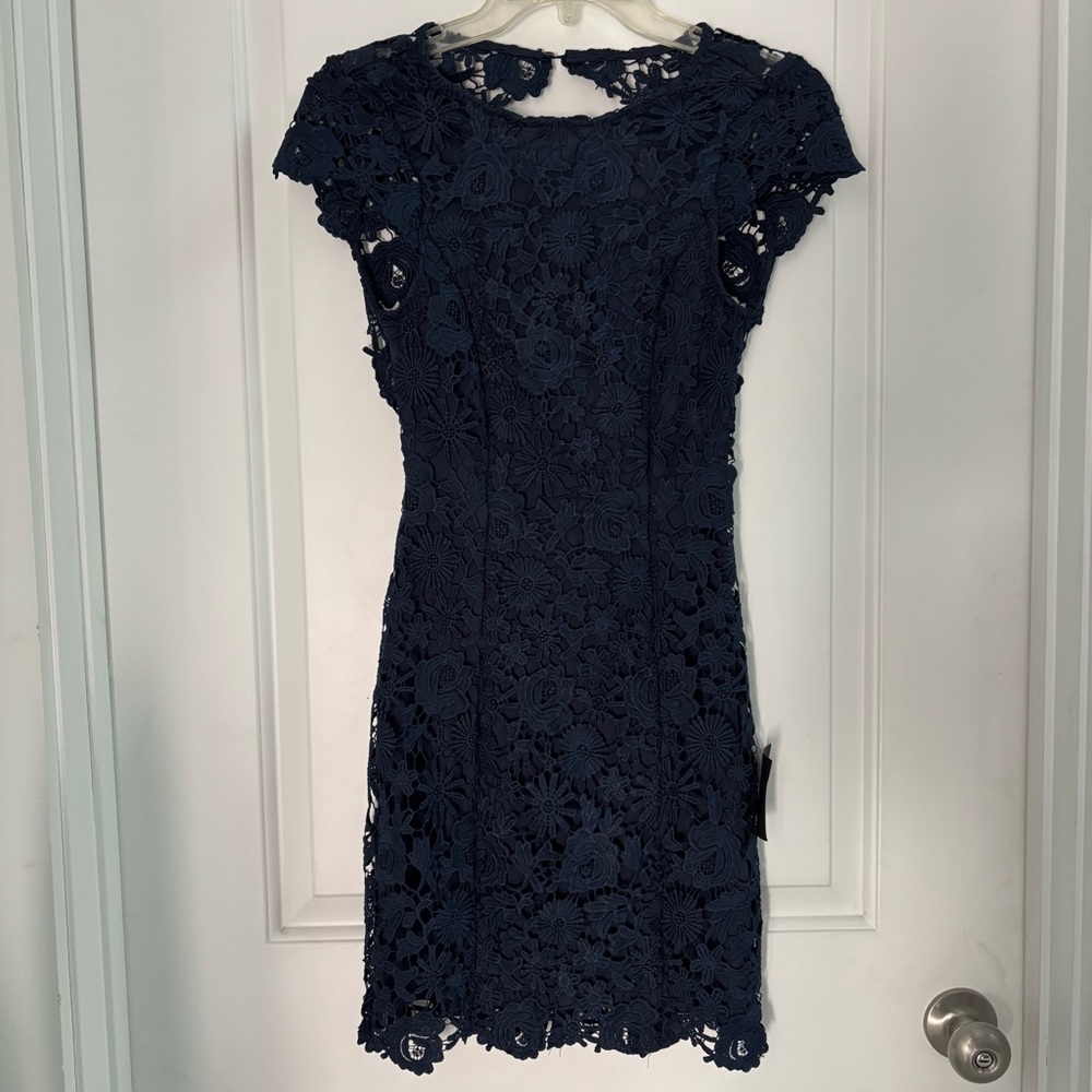 NWT Lulus Romance Language Navy Backless Lace Overlay Mini Embroidered Dress